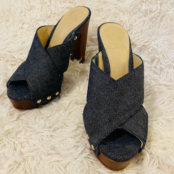 Vince Camuto Blue Denim Heels Platforms Platform Sandals Studs Wooden. - Picture 10 of 14